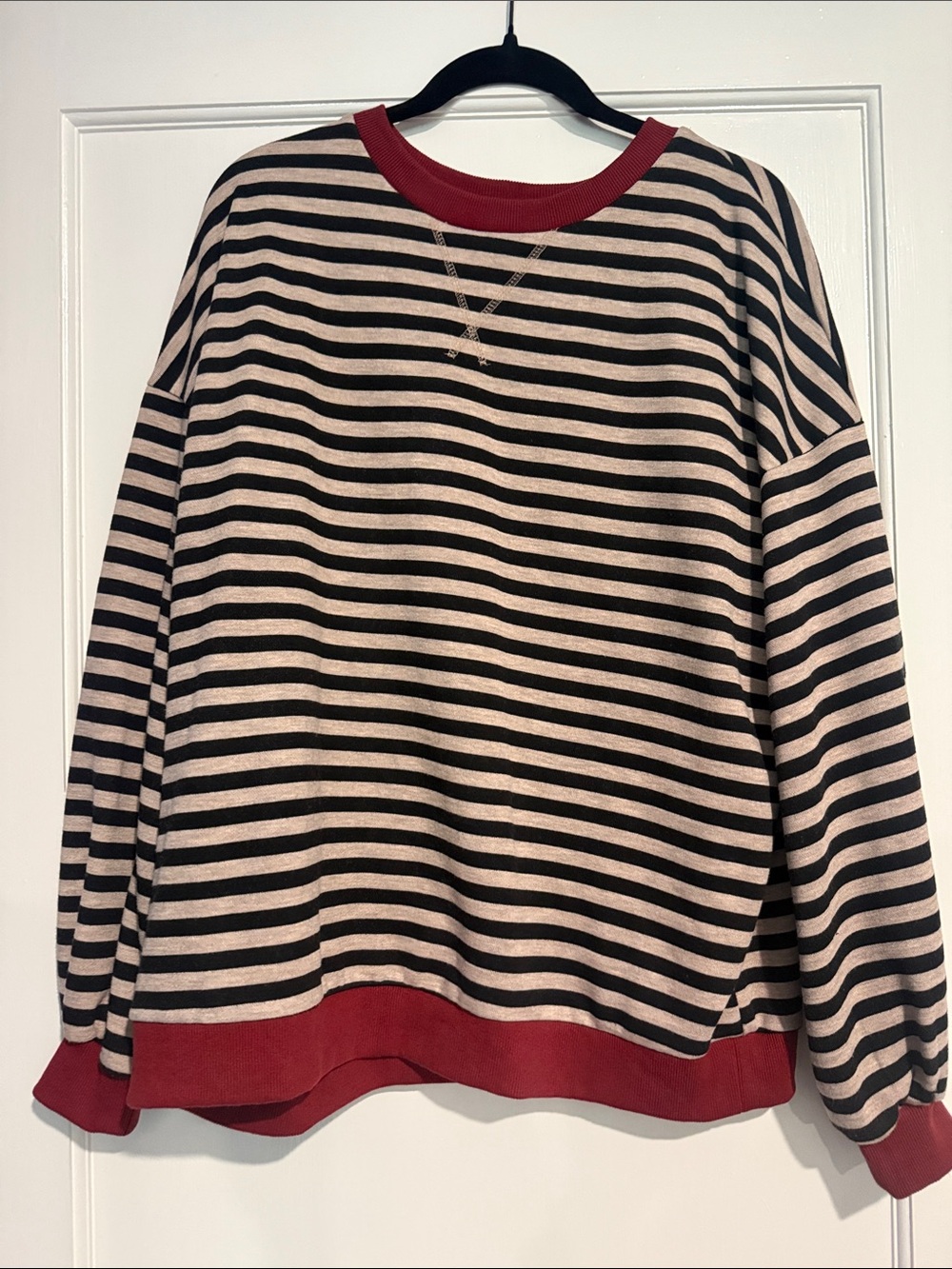Striped Crewneck Sweater with Red Trim